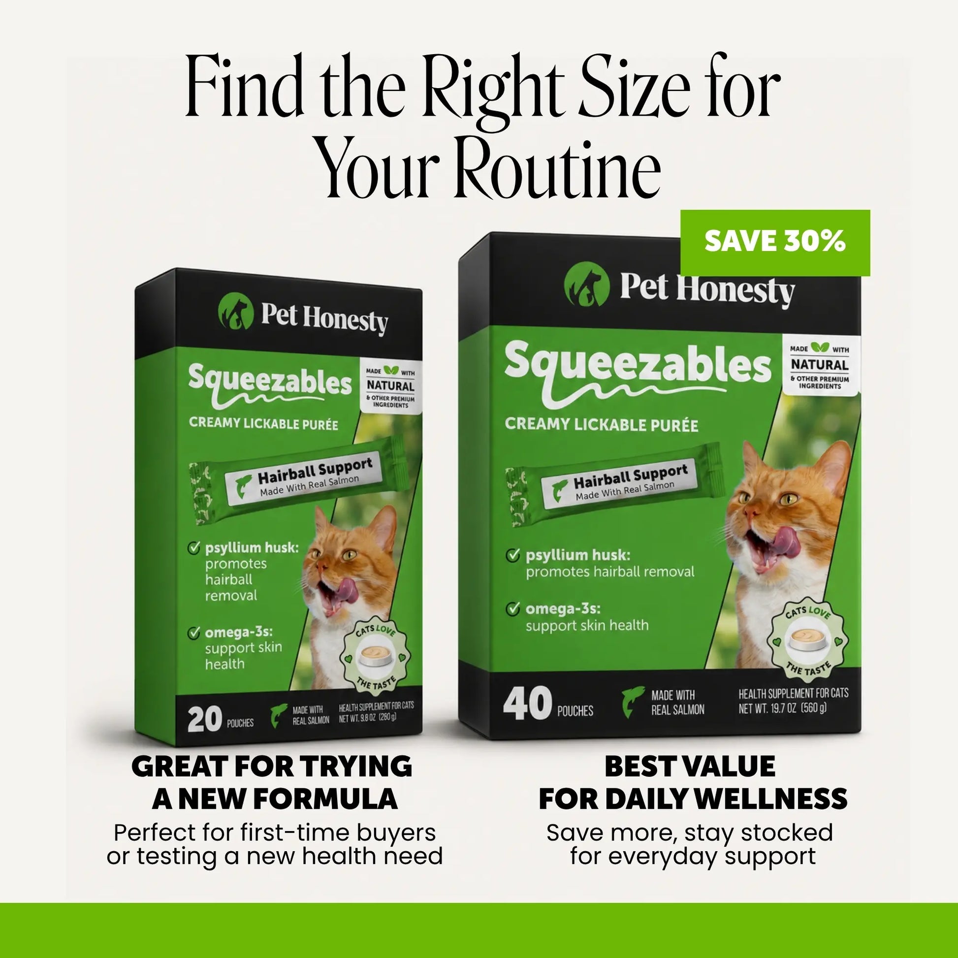 Pet Honesty Squeezables Hairball Support Lickable Supplement for Cats, 20 Pouches