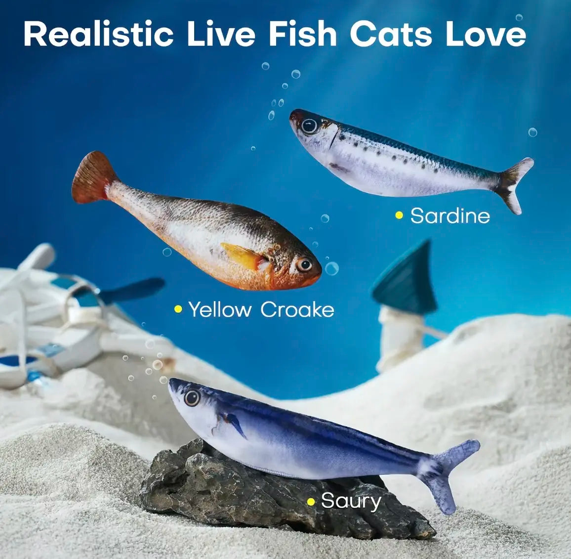 Potaroma Bite-Sized Realistic Flopping Fish Cat Toy, 3-Pack Interactive Rechargeable Cat Toys with 3 Flapping Modes, Auto Motion Activated Plush Fish Toys for Indoor Cats, Durable Cat Kicker Toys (Sardine, Saury & Yellow Croaker)