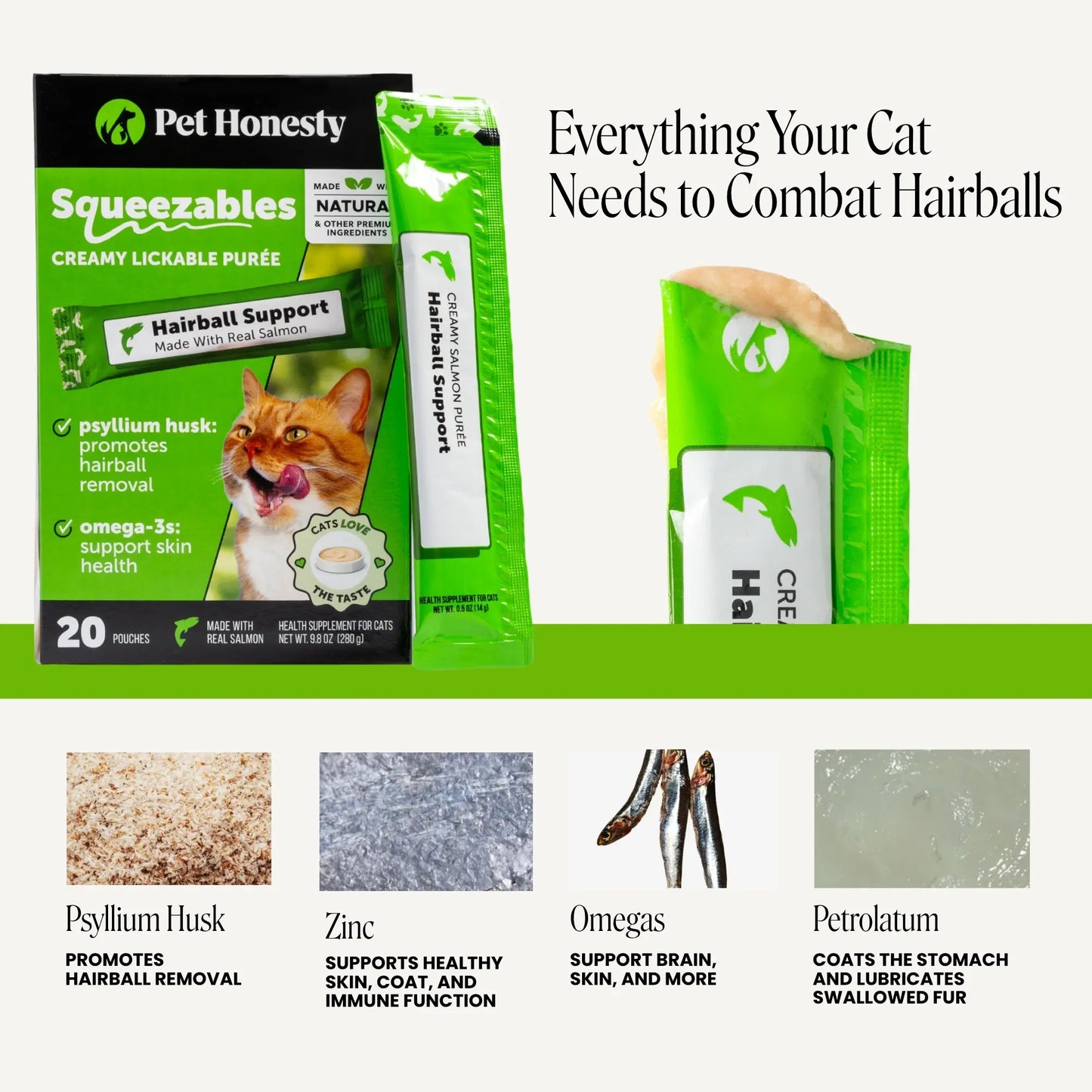 Pet Honesty Squeezables Hairball Support Lickable Supplement for Cats, 20 Pouches