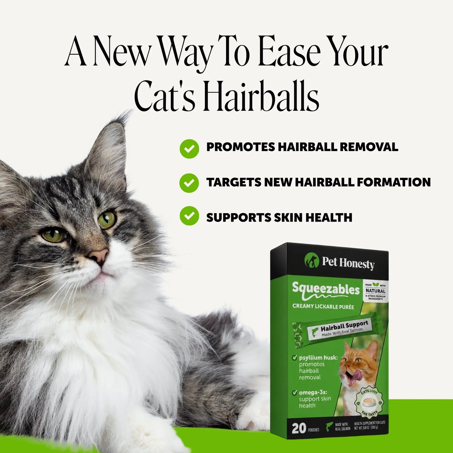 Pet Honesty Squeezables Hairball Support Lickable Supplement for Cats, 20 Pouches