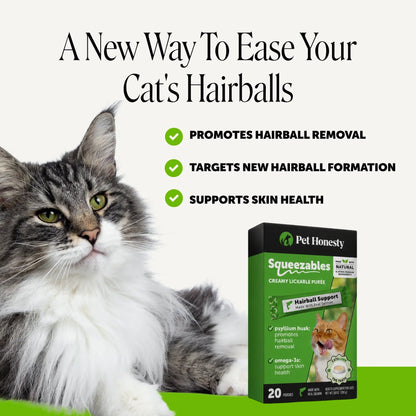 Pet Honesty Squeezables Hairball Support Lickable Supplement for Cats, 20 Pouches