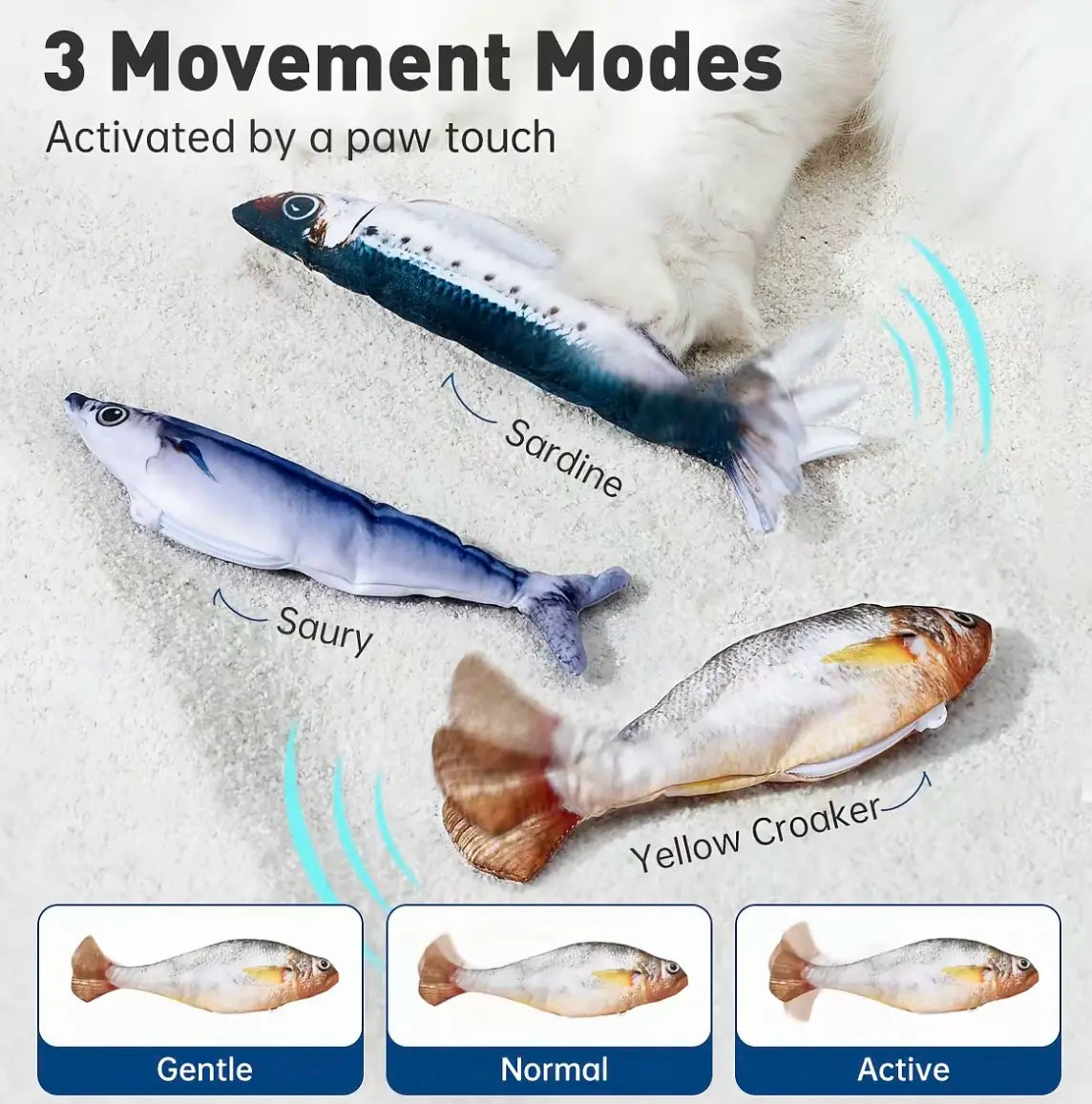 Potaroma Bite-Sized Realistic Flopping Fish Cat Toy, 3-Pack Interactive Rechargeable Cat Toys with 3 Flapping Modes, Auto Motion Activated Plush Fish Toys for Indoor Cats, Durable Cat Kicker Toys (Sardine, Saury & Yellow Croaker)
