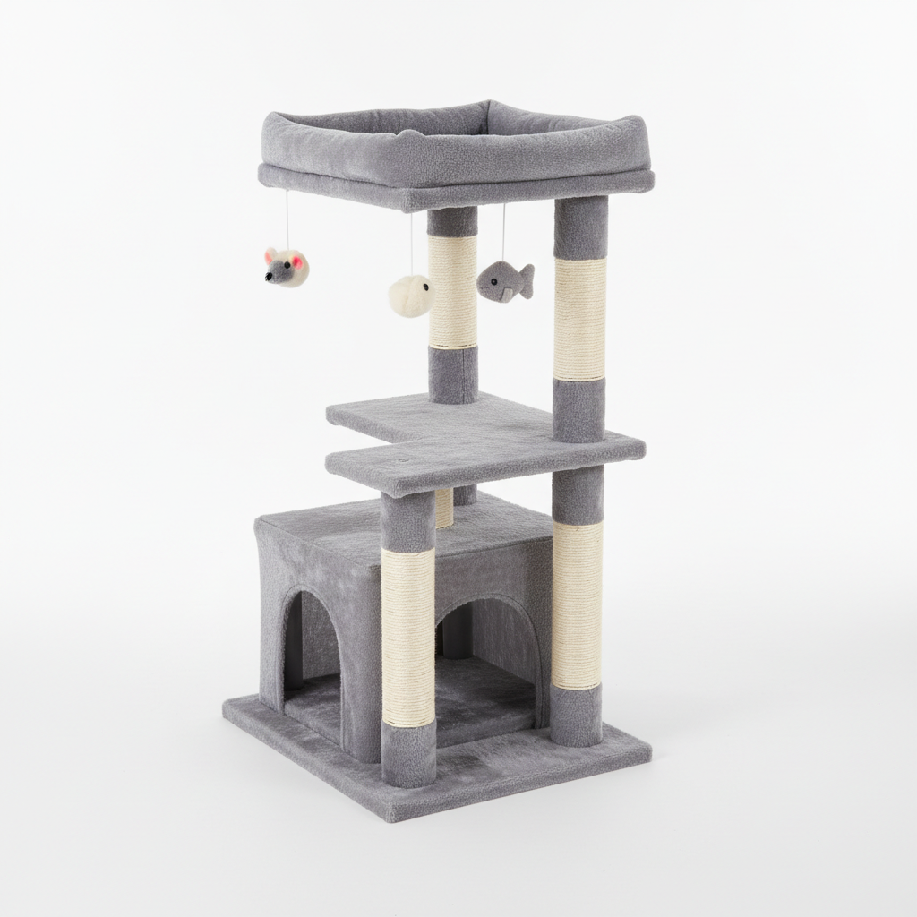 Full product shot of gray cat tree tower with two condos, sisal scratching posts, top perch and hanging toys on white background