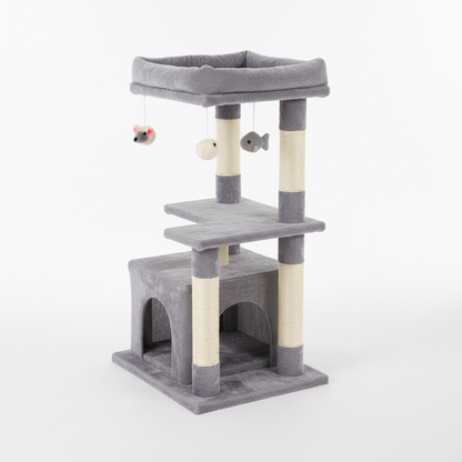 Full product shot of gray cat tree tower with two condos, sisal scratching posts, top perch and hanging toys on white background