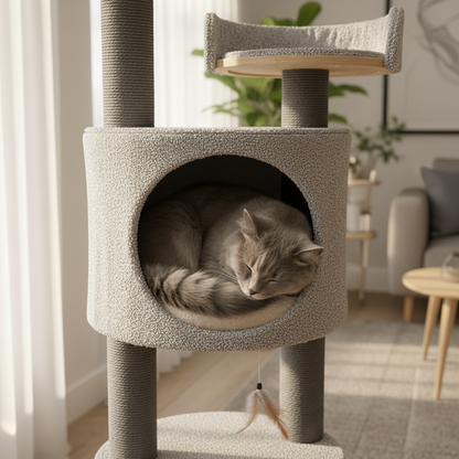 Large fluffy gray cat lounging inside the condo compartment of a gray cat tree tower