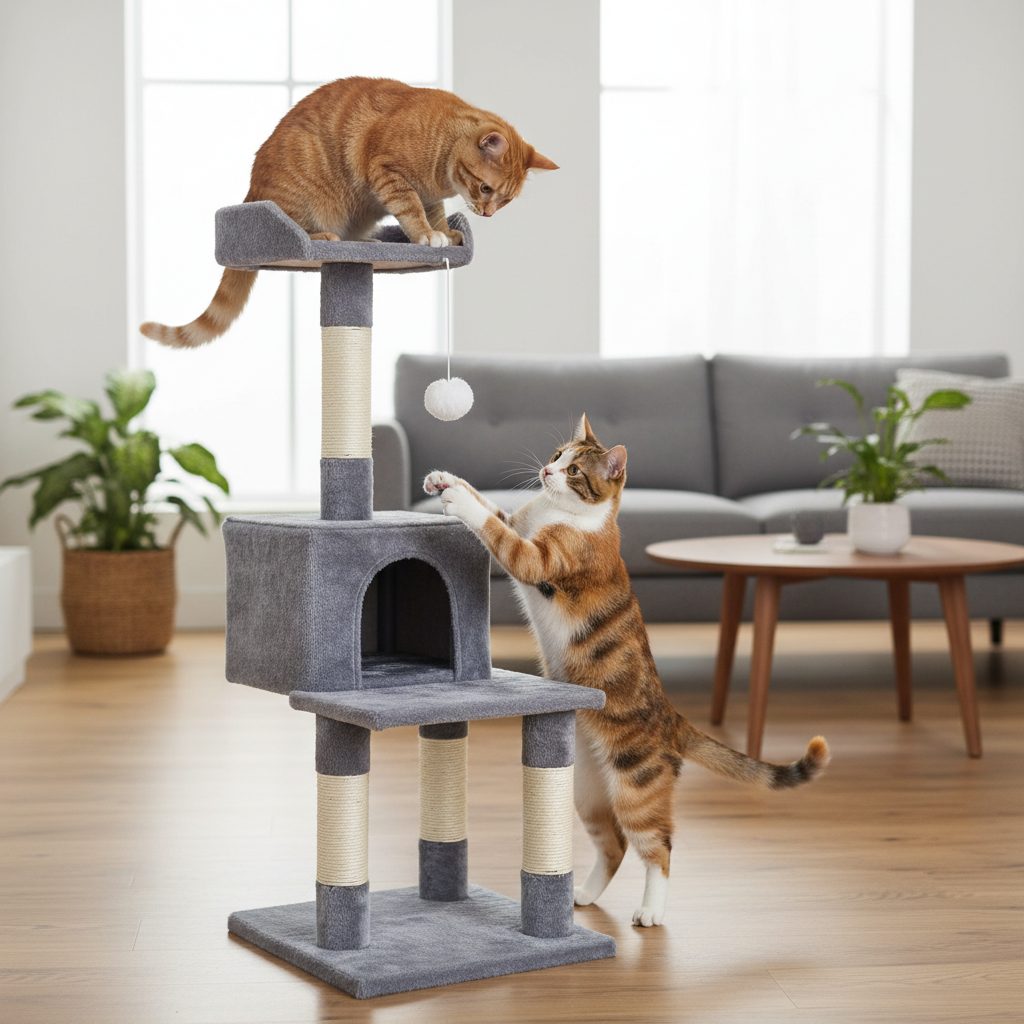 Two cats playing on a gray cat tree tower, one on the top perch and one batting at a hanging pom-pom toy